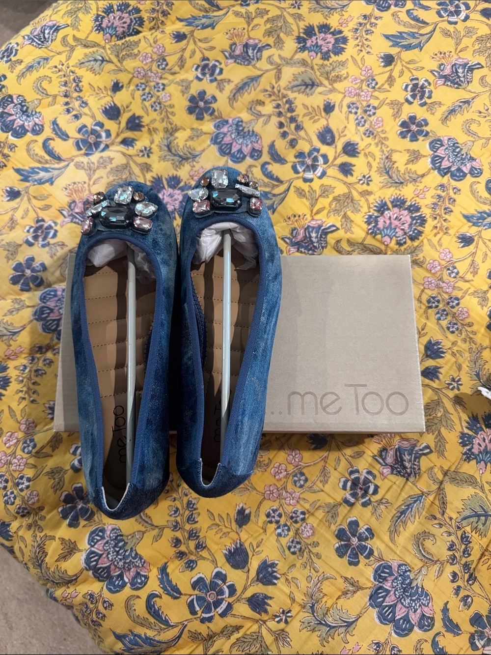 me too Blue Jeweled Velvet Ballet Flats